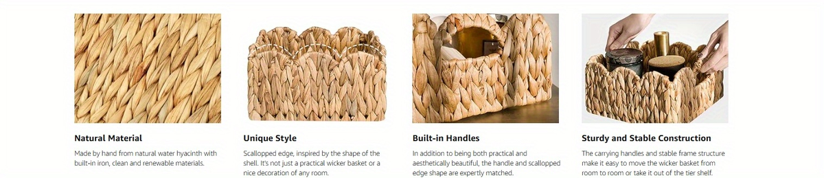 Scalloped Wicker Storage Baskets Set of 2 with Handles in Water Hyacinth or Seagrass Weave — image 13