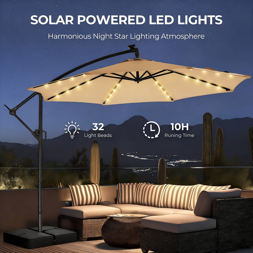 Patio Umbrella 10FT Solar LED Cantilever Style with 32 Lights, Eight-Rib Frame, Tilt and Four Colors — image 2