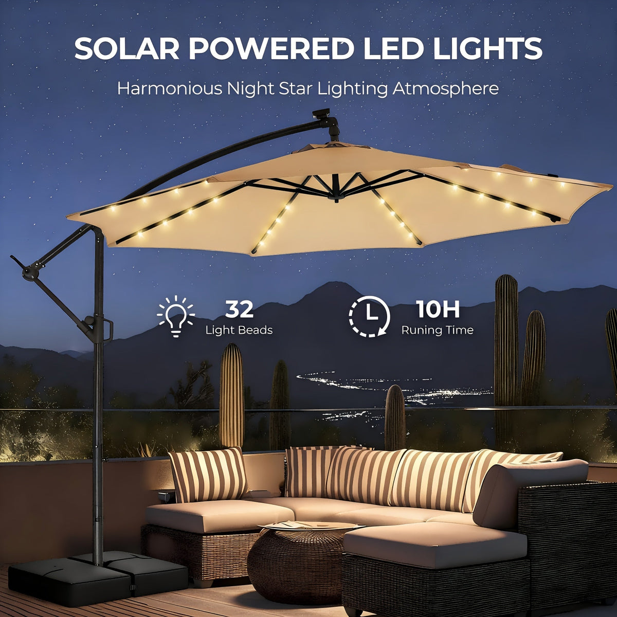 Patio Umbrella 10FT Solar LED Cantilever Style with 32 Lights, Eight-Rib Frame, Tilt and Four Colors — image 2