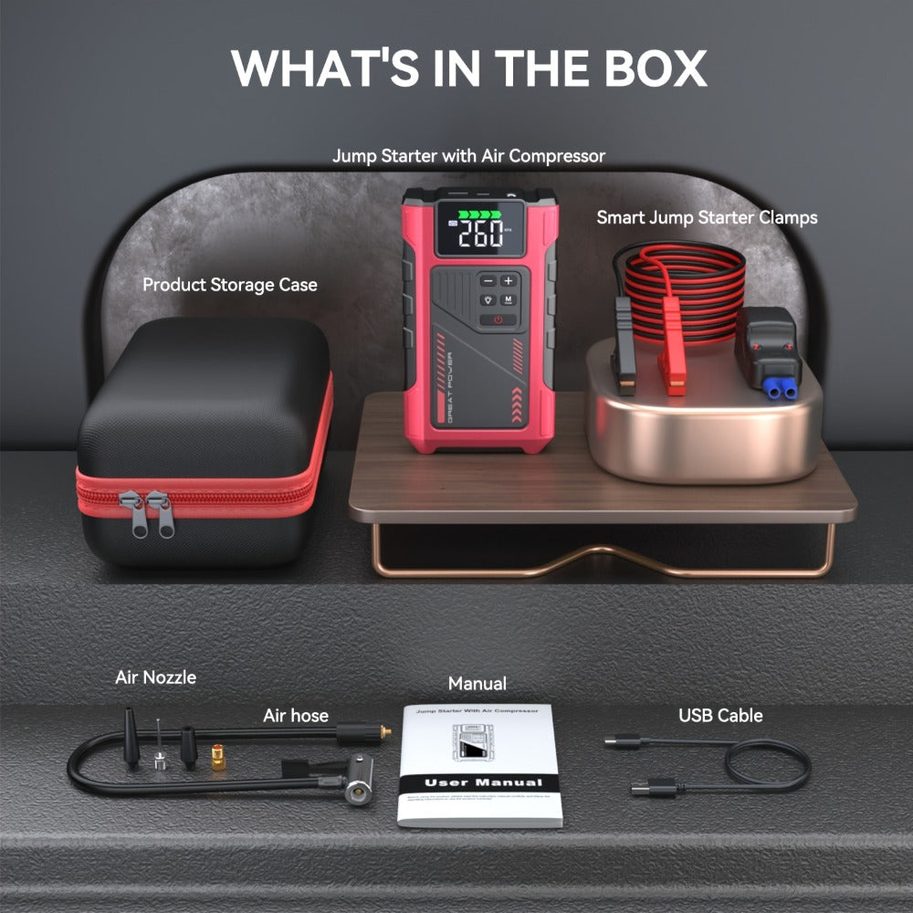Portable Jump Starter 9-in-1 with Air Compressor – 12V Car Battery Booster for 8.0L Gas & 6.5L Diesel, USB-C, LED Emergency L