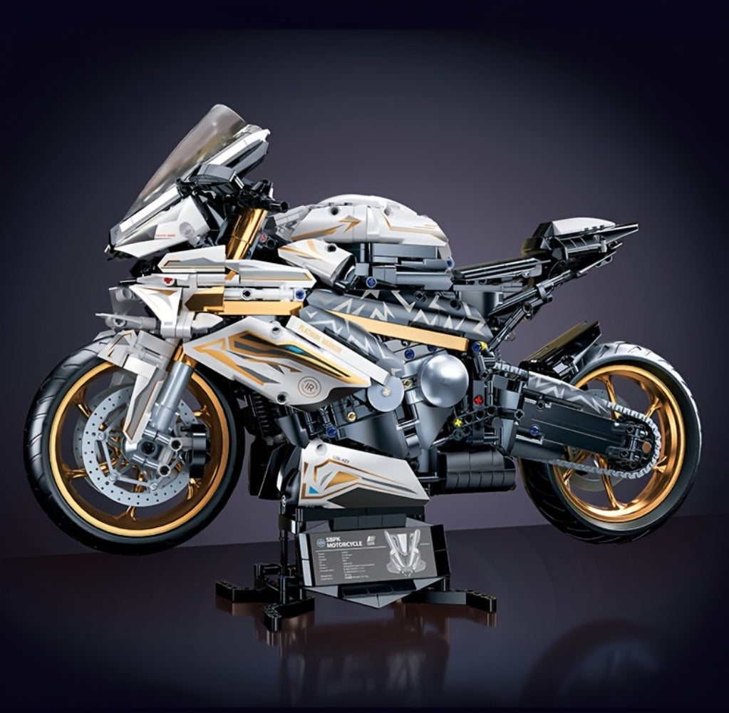 Motorcycle Building Blocks Model Kit 1:5 Scale 2000+ Pieces, Platinum Gold & White Collectible Brick Motorbike Display Set — 