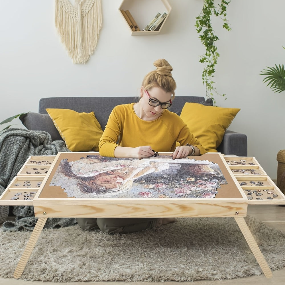 Jigsaw Puzzle Table with Folding Legs – 4 Drawers 16 Sorting Grids Portable Wooden Puzzle Board for 1000 Pieces — image 1