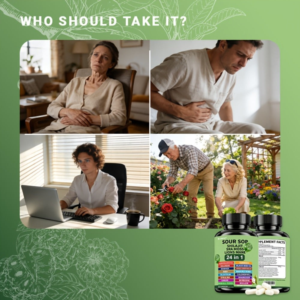 Dietary Supplement Sea Moss 24-in-1 Capsules with Soursop, Lion’s Mane and Shilajit, One or Two Bottles — image 12