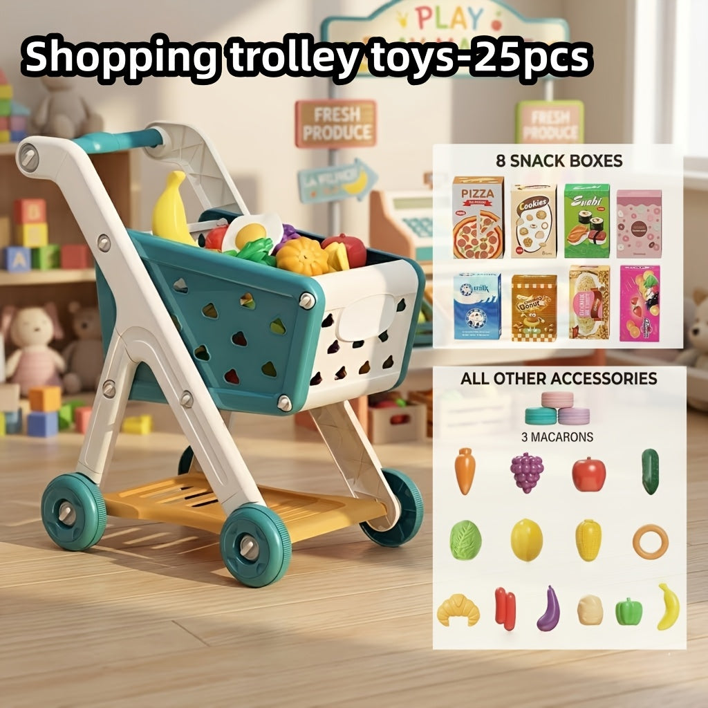 Kids Pretend Play Shopping Cart Toy Set with Realistic Food & Grocery Accessories, Supermarket Role Play for Toddlers Girls B