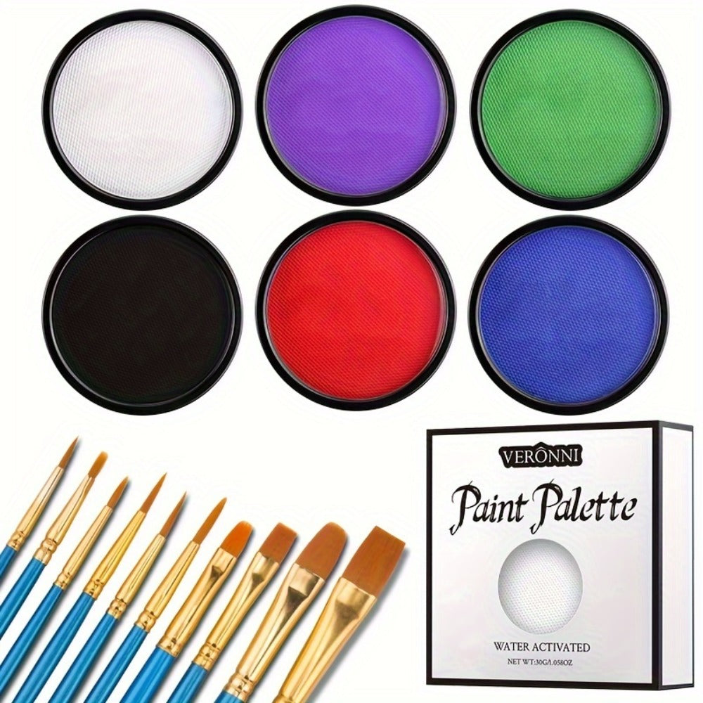 Water Activated Face Paint Kit 6 Colors with 10 Brushes, Water Based Face Body Paint Palette Black White Red — image 16