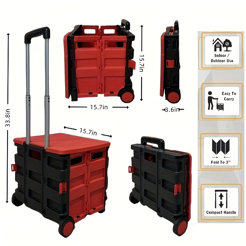 Collapsible Rolling Cart with Wheels – 80 Lbs Heavy Duty Foldable Crate on Wheels for Teachers, Shopping & Storage, Lid Doubl