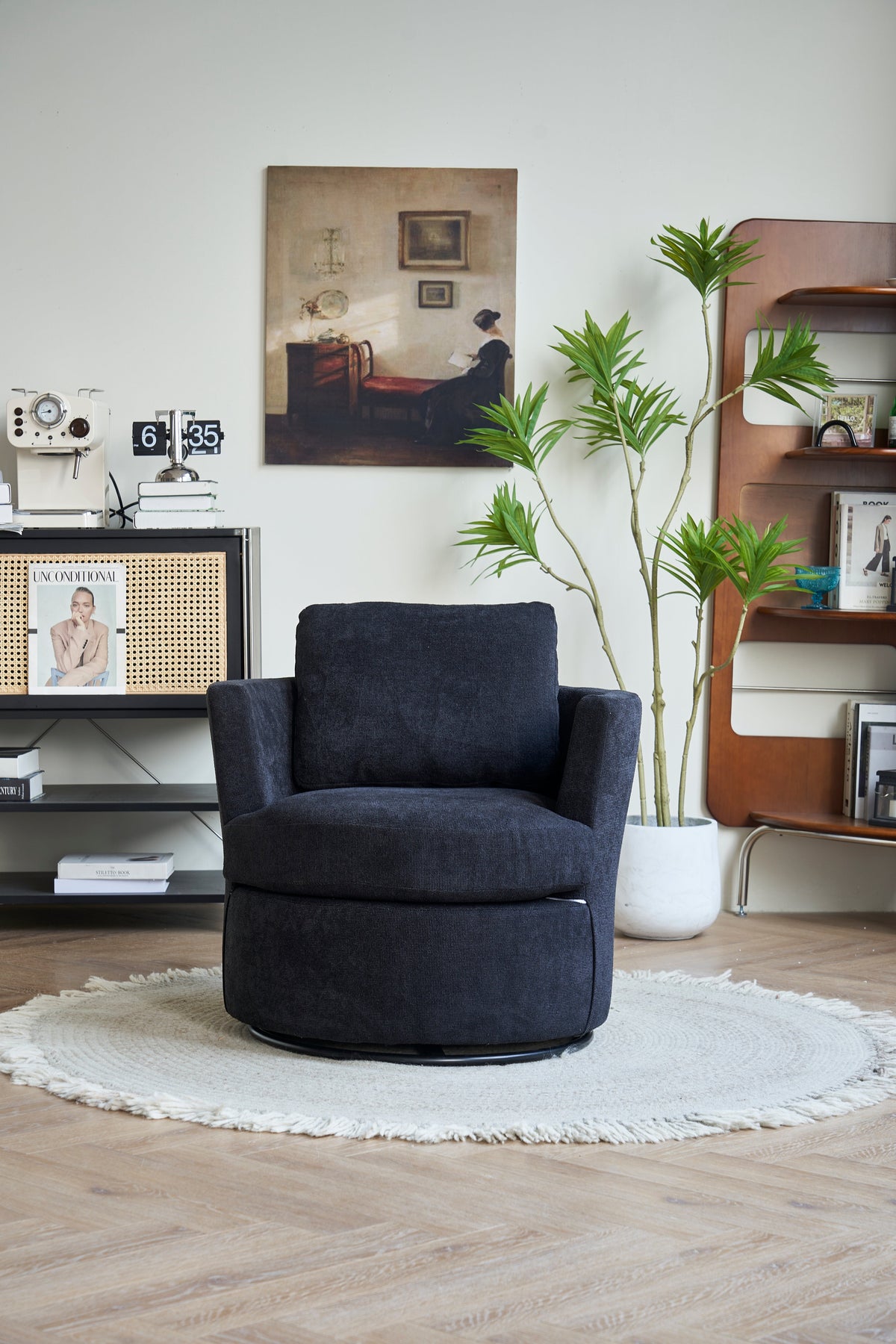 Rotating bucket chair living room comfortable circular sofa chair 360 degree rotating bucket chair armchair (black) - V.I.P Digital Presence