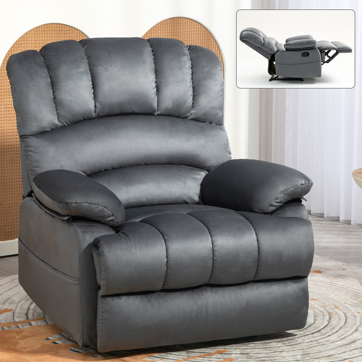 Large Manual Recliner Chair in Fabric for Living Room, Grey - V.I.P Digital Presence