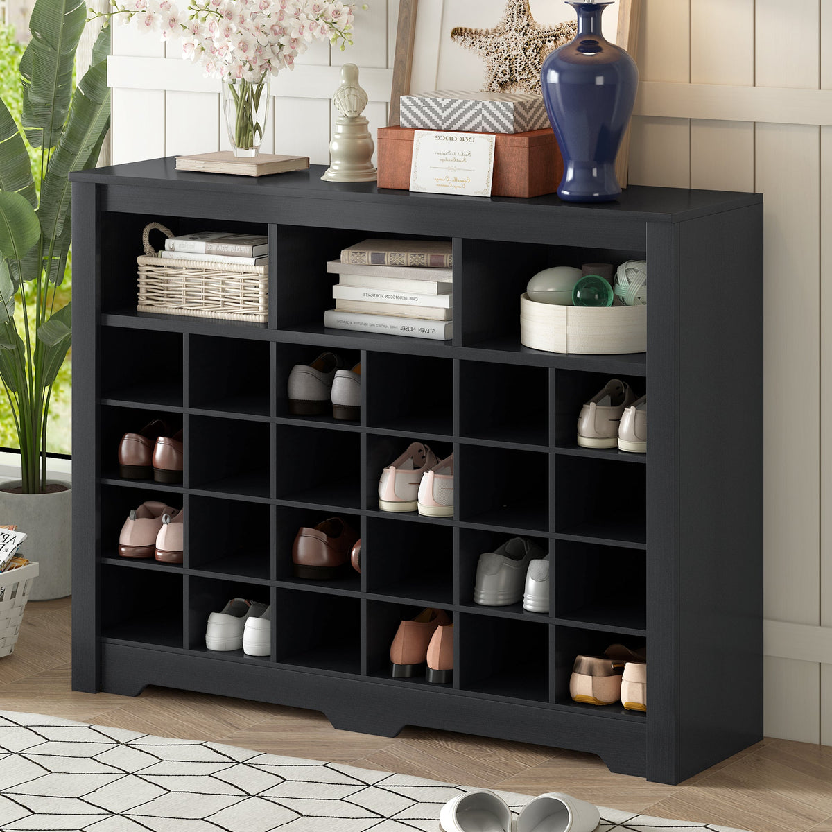 ONTREND Sleek Design 24 shoe cabinet, modern shoe cabinet with curved base, high-quality multifunctional side panel, black - V.I.P Digital Presence