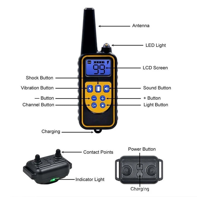 Dog training supplies - bark control device. The collar features electric shock and vibration for training.