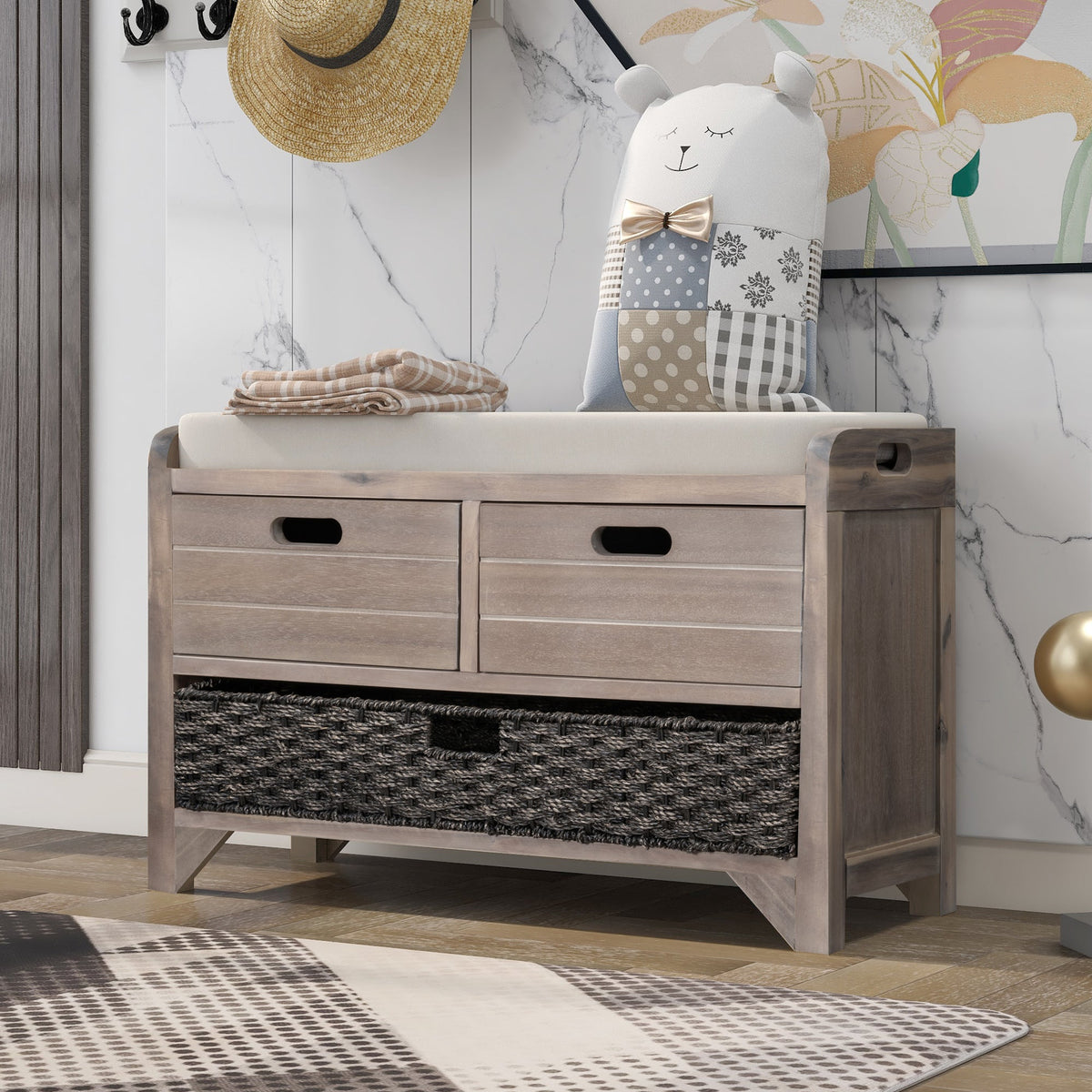 TREXM Storage Bench with Removable Basket and 2 Drawers, Fully Assembled Shoe Bench with Removable Cushion (White Washed) - V.I.P Digital Presence