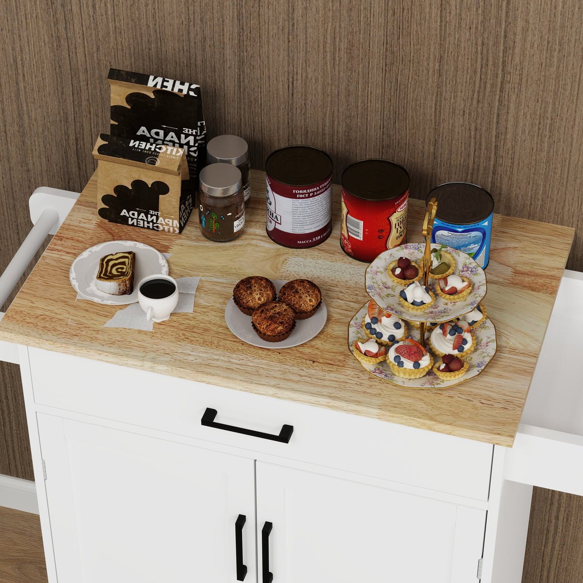 Kitchen island rolling trolley cart with 1 drawer & 2 doors with storage racks & Adjustable Shelves & towel rack