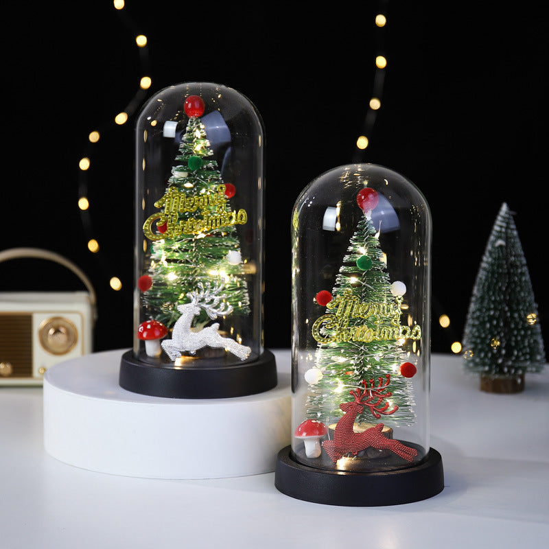 Christmas Gift LED Light Illumination Decorative Ornament Mini Christmas Tree Deer Glass Cover