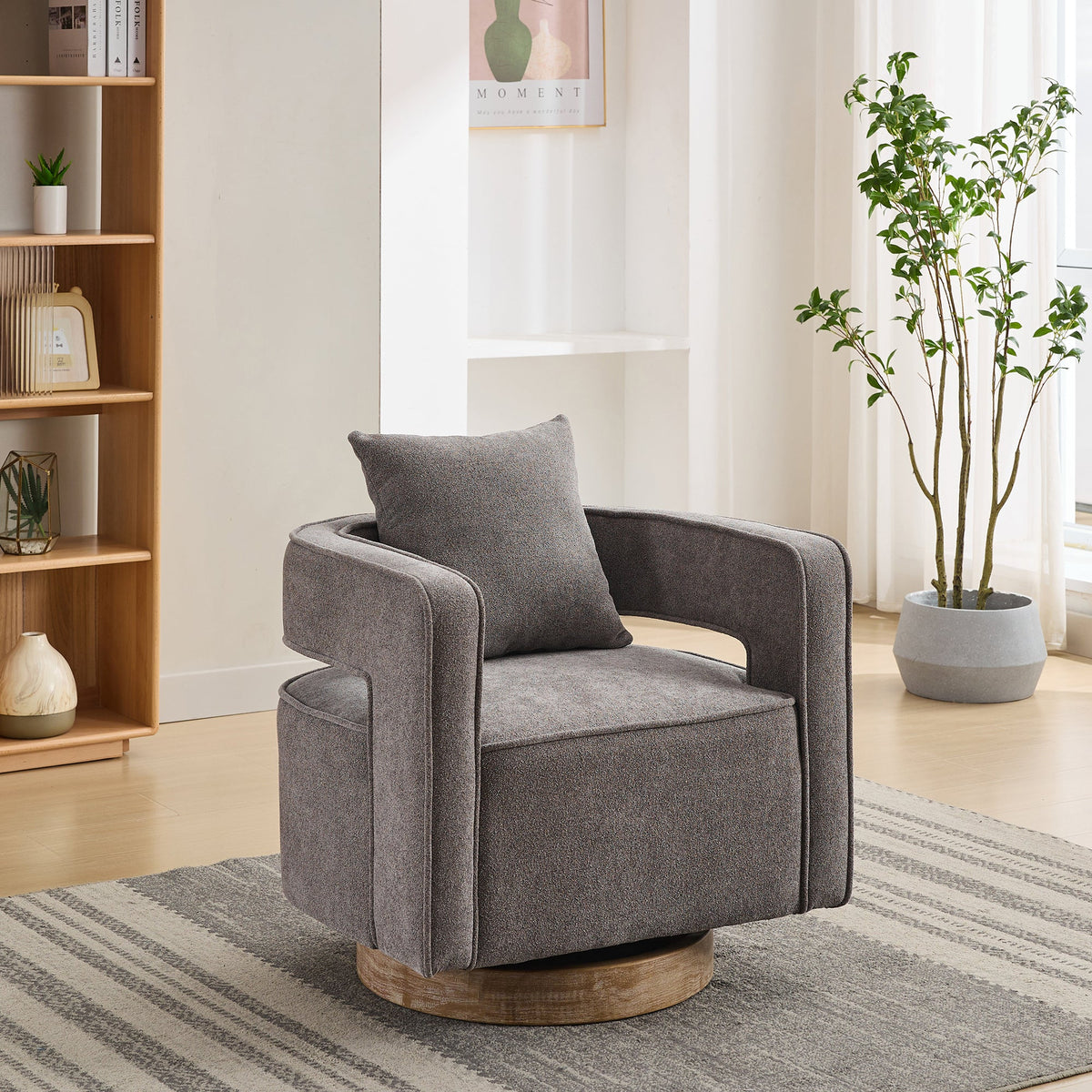 29.1"W Swivel Accent Open Back Chair Modern Comfy Sofa Chair With Weathered Base (Charcoal,Linen Blend) - V.I.P Digital Presence