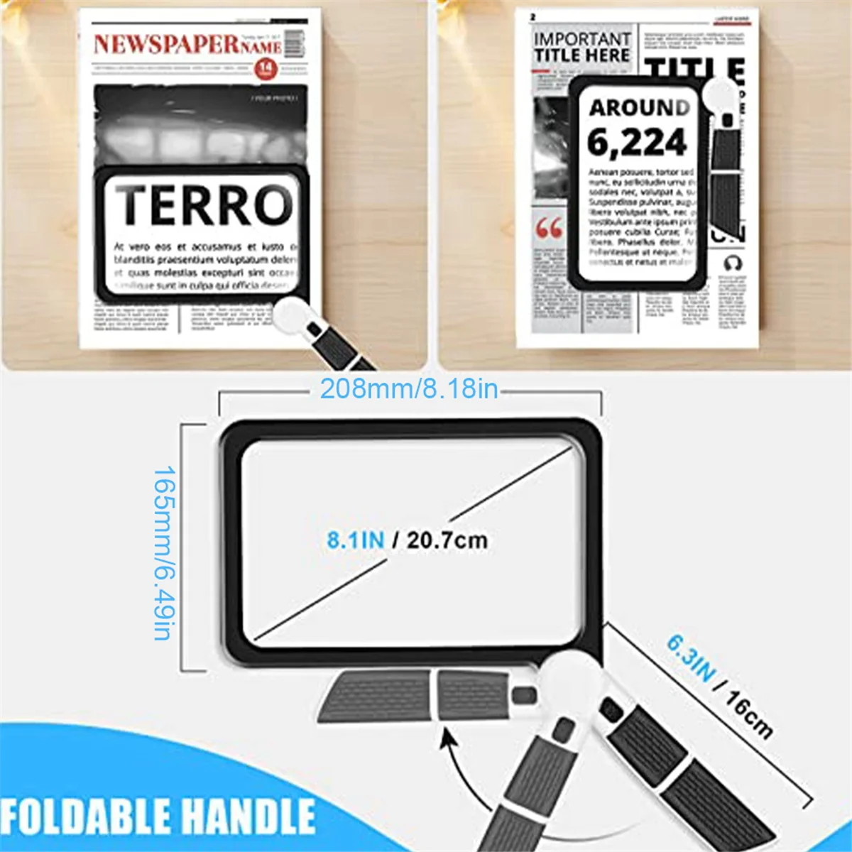 Full-Page 5X Magnifying Glass for Reading, Folding Lighted Magnifier with 48 LED Lights, Rectangular Handhold Magnifier