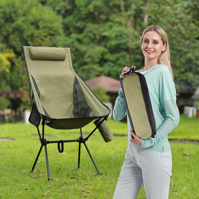 Folding camping chair with headrest. Lightweight, aluminum alloy, for travel and fishing. Outdoor furniture.
