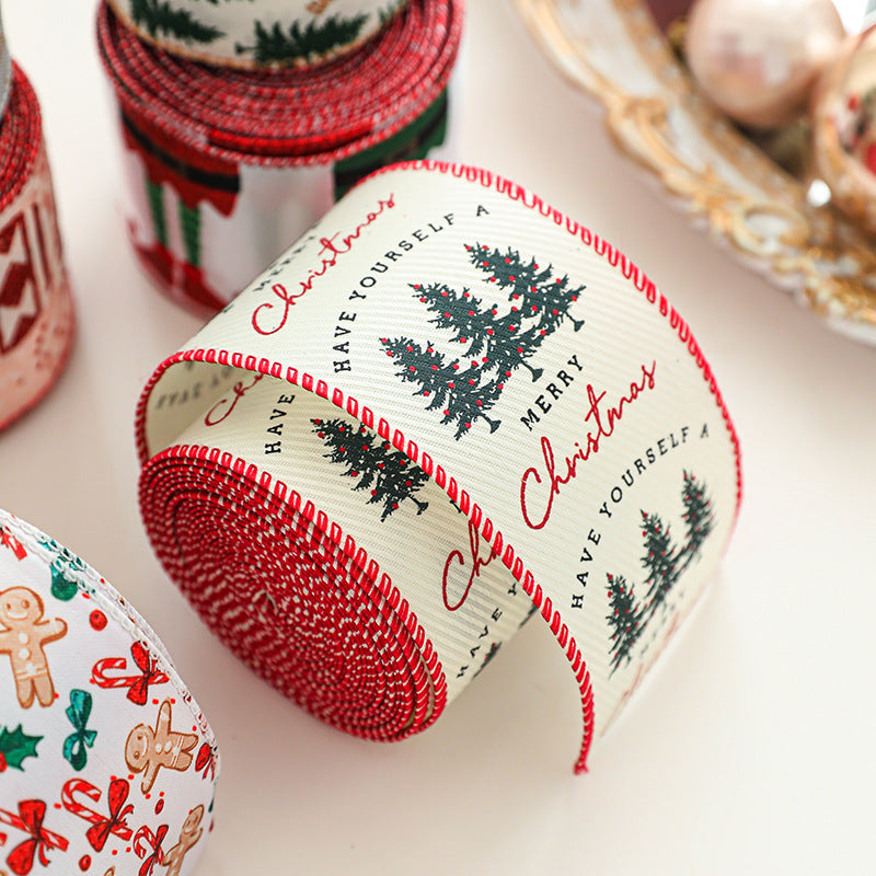 Christmas decoration ribbon, cedar pattern printed ribbon, bow tie, Christmas decoration ribbon, holiday ribbon