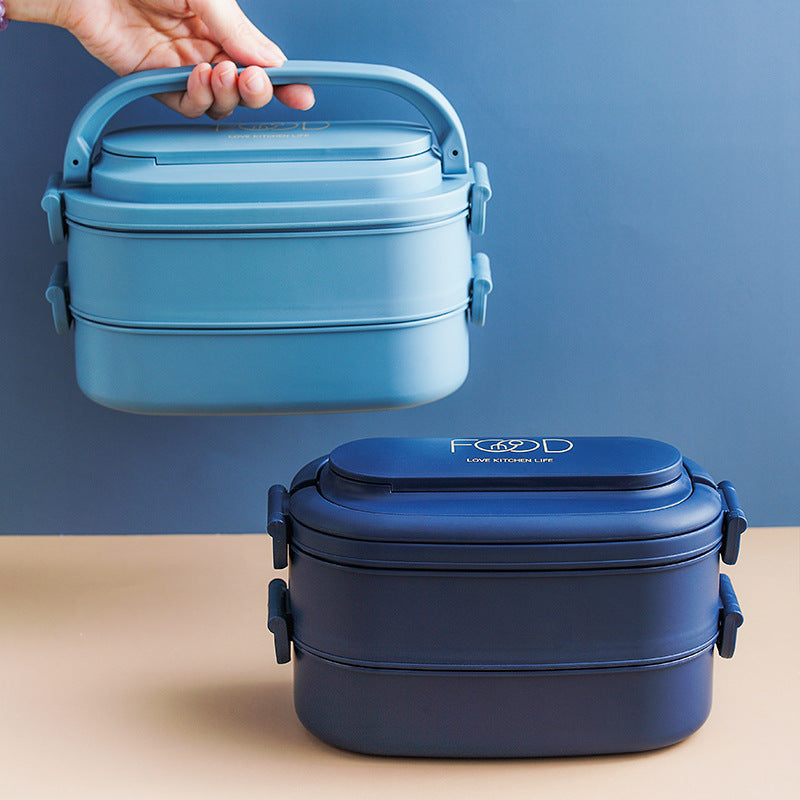 Japanese style simple portable microwaveable double layer partition lunch box bento box with cutlery
