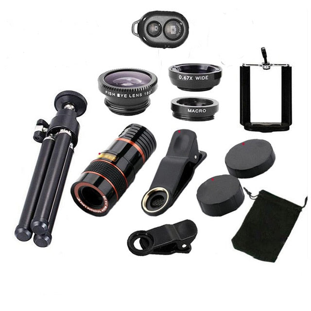 10 in 1 Kits 12x Zoom Telephoto Lens Fish eye Lens Wide Angle Macro Lenses Cell Phone Mobile Tripod - V.I.P Digital Presence