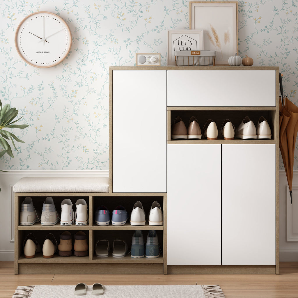 ON-TRANS 2-in-1 shoe storage platform and shoe cabinet, with soft cushioned seats and adjustable shelves, white - V.I.P Digital Presence