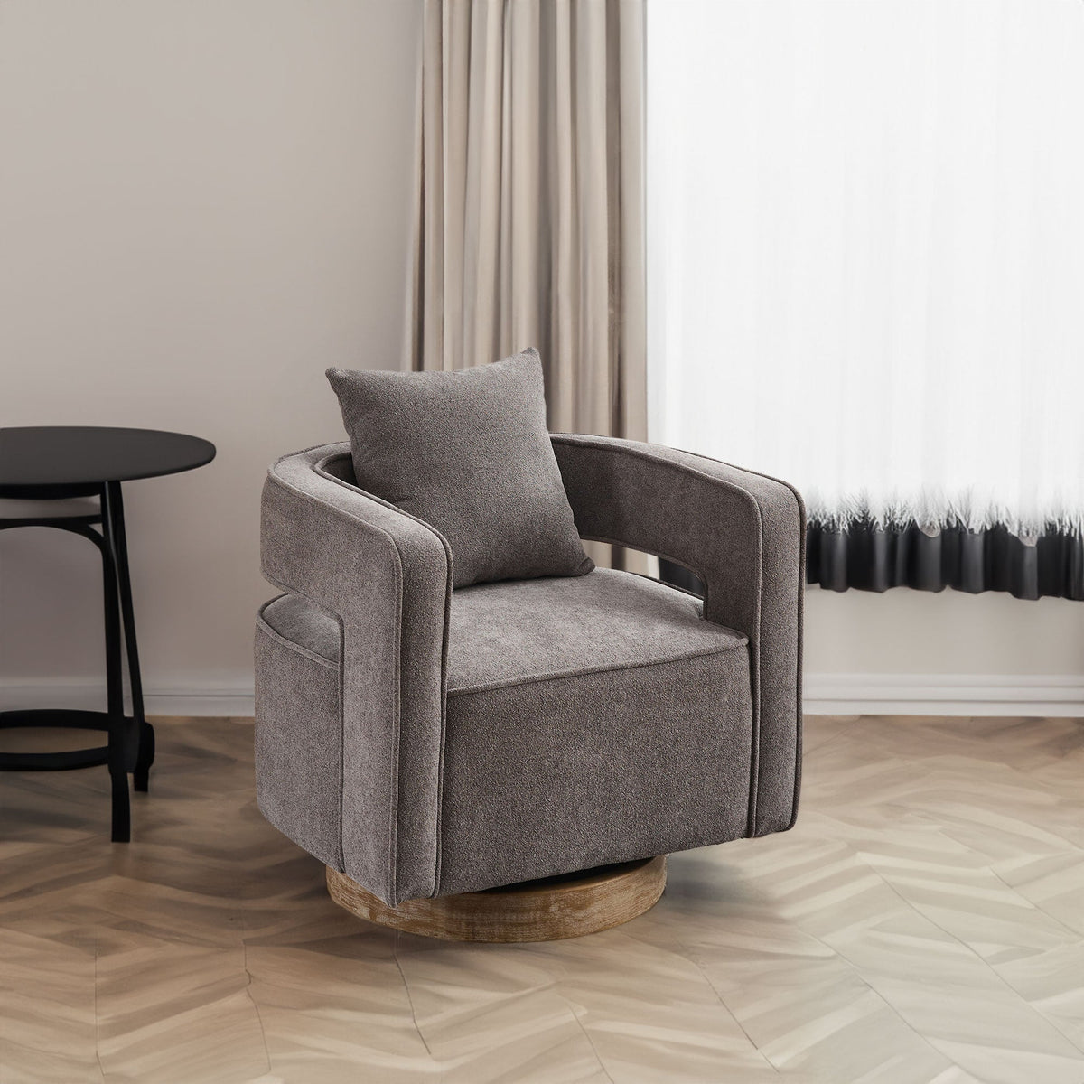 29.1"W Swivel Accent Open Back Chair Modern Comfy Sofa Chair With Weathered Base (Charcoal,Linen Blend)