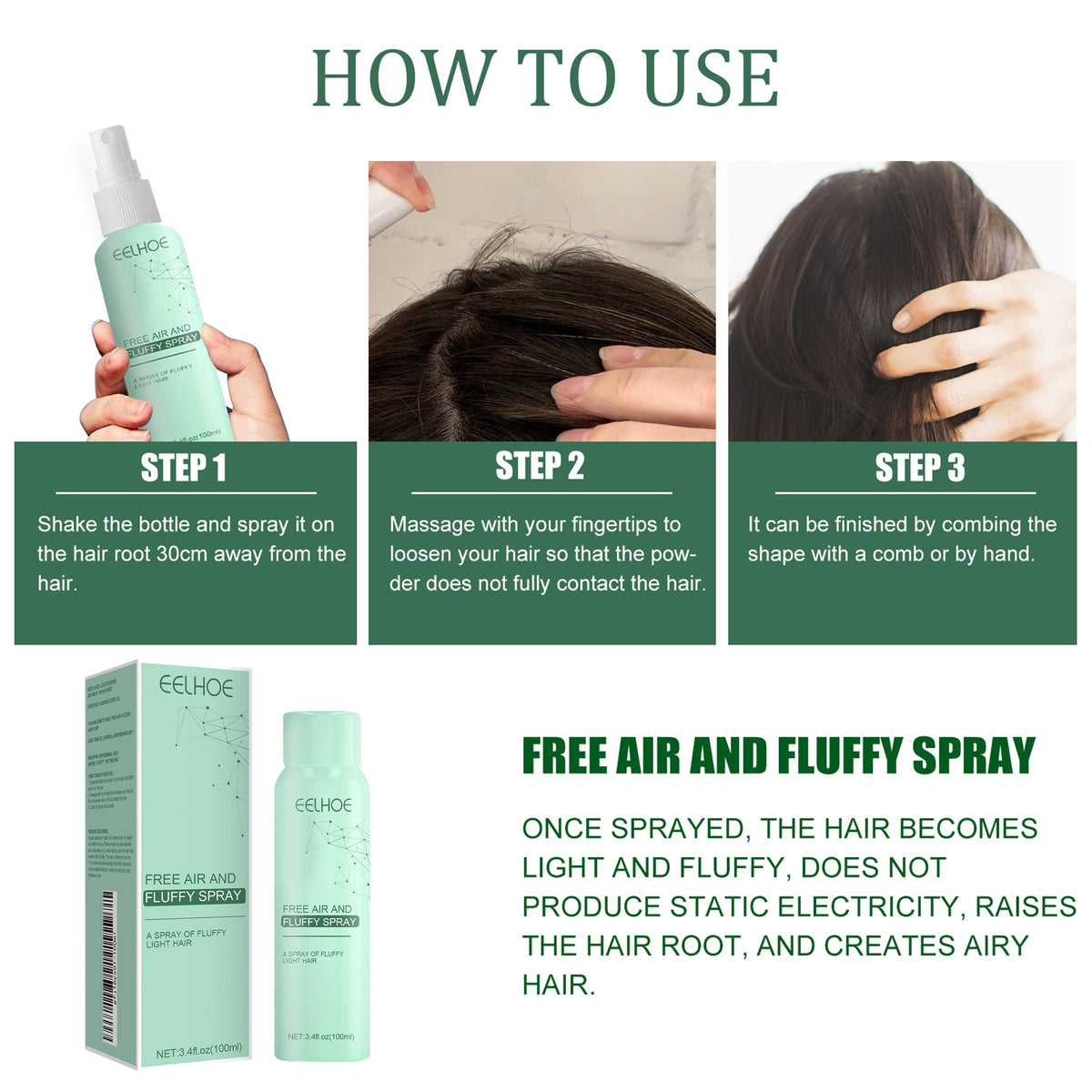No-Wash Dry Hair Spray, Air Fluffiness Remove Oil Dry And Cool Shampoo-free Dry Hair Agent