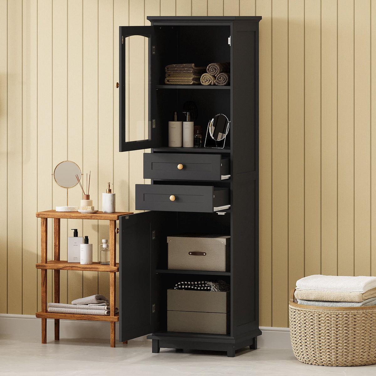 Tall Bathroom Storage Cabinet with Glass Doors, Free-Standing, Two Drawers, and Adjustable Shelves, MDF Board, Painted Black - V.I.P Digital Presence