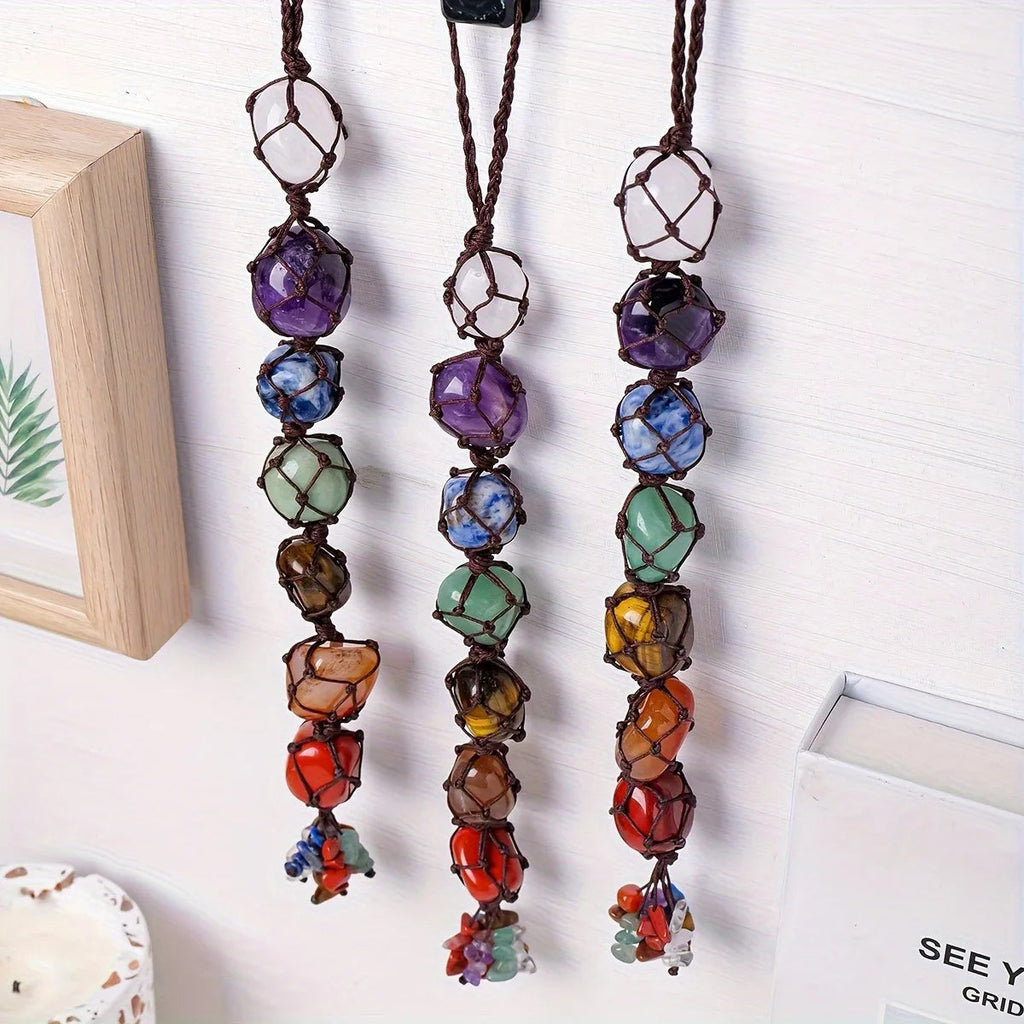 Natural crystal seven color rolling stone car hanging hand woven energy stone shaped mesh bag pendant