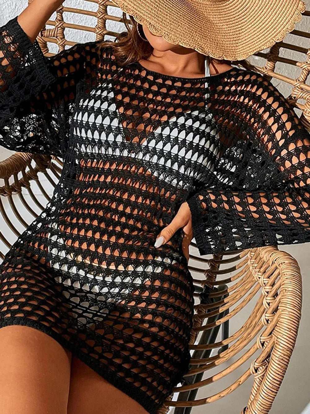 Knitted hollowed out pullover round neck long sleeved bikini swimsuit cover