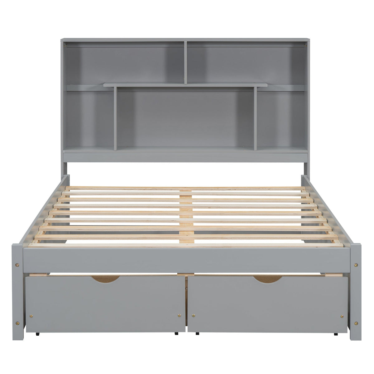 Full Size Platform Bed with Storage Headboard and 2 Drawers, Gray
