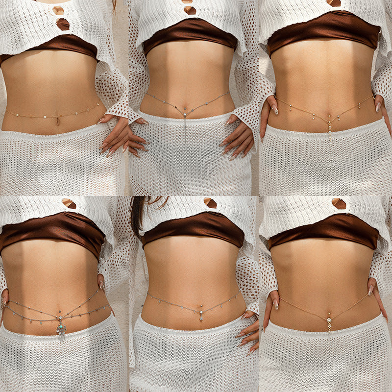 Sexy rhinestone puncture navel nail waist chain, sweet and cool summer body chain