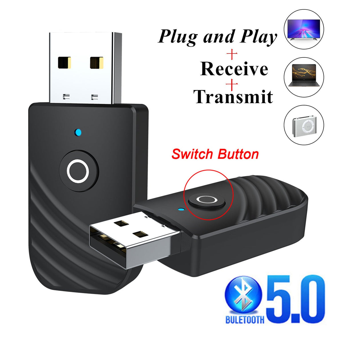 New 5.0 Bluetooth Audio Receiver Transmitter Three in One USB Adapter TV Computer Car SY319