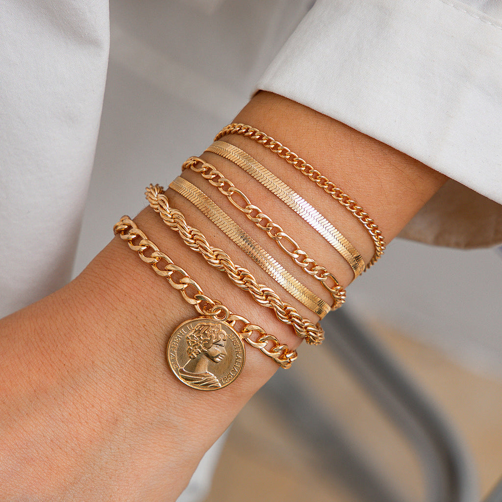 Ins round pendant Bracelet set irregular metallic flat snake chain bracelet - V.I.P Digital Presence