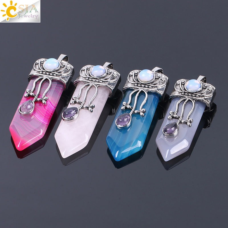 CSJA Vintage Large Natural Stone Sword-Shaped Pendant Jewelry Striped Crystal Agate Tiger Eye Jewelry Pendant Without Chain