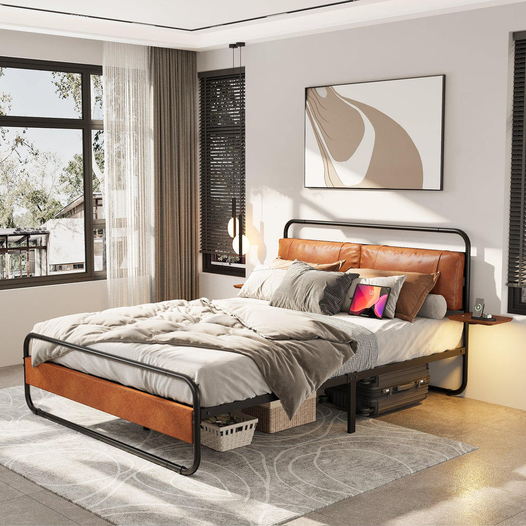 King Size Metal Bed Frame with Upholstered Headboard, with wireless charging and USB A & USB C, Touch LED light Vintage Brown - V.I.P Digital Presence