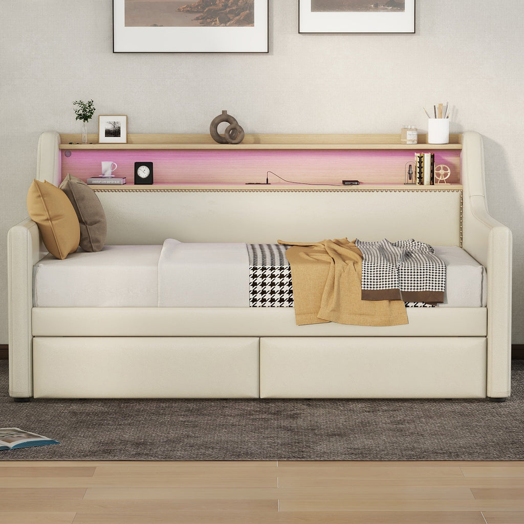 Twin Size Daybed with Storage Drawers, Upholstered Daybed with Charging Station and LED Lights, Beige - V.I.P Digital Presence