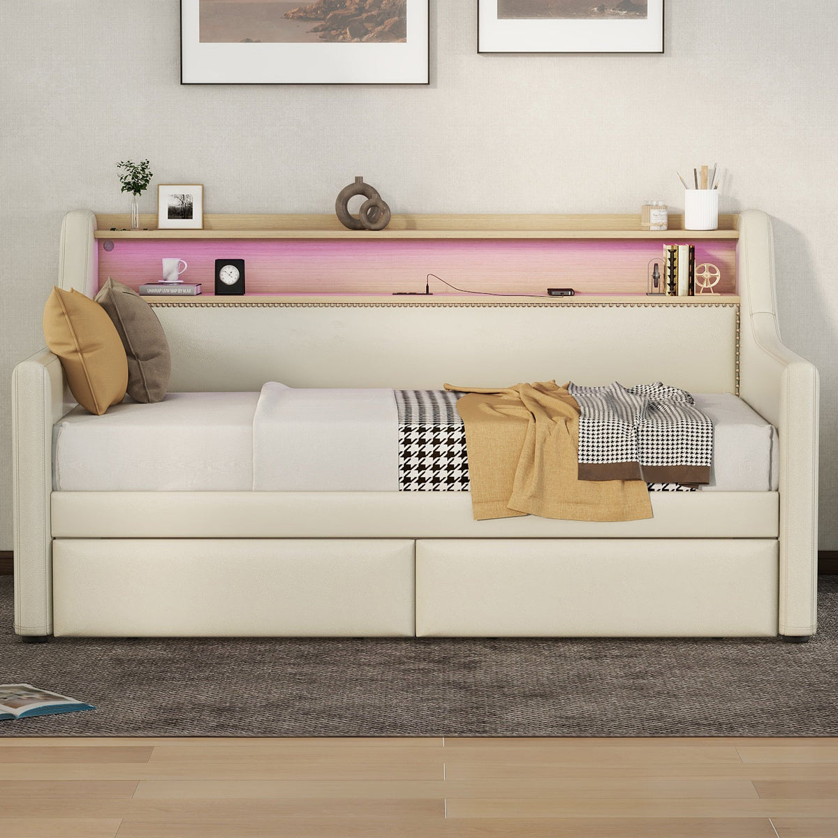 Twin Size Daybed with Storage Drawers, Upholstered Daybed with Charging Station and LED Lights, Beige - V.I.P Digital Presence