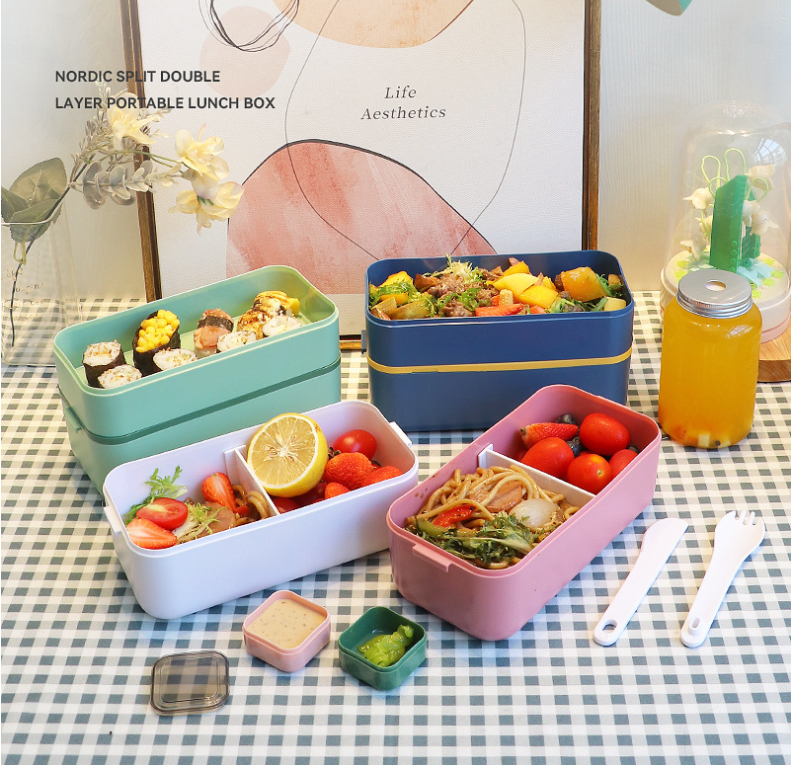 Japanese style microwaveable double layer compartment sealed lunch box