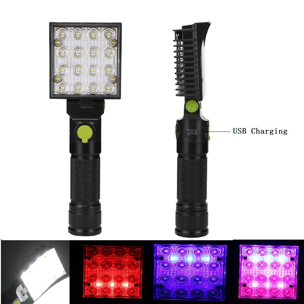 16 LEDs Work Flashlights White Red Blue Light Car Repair Working Lamp USB 18650 Torch Built-in Magnet Hook