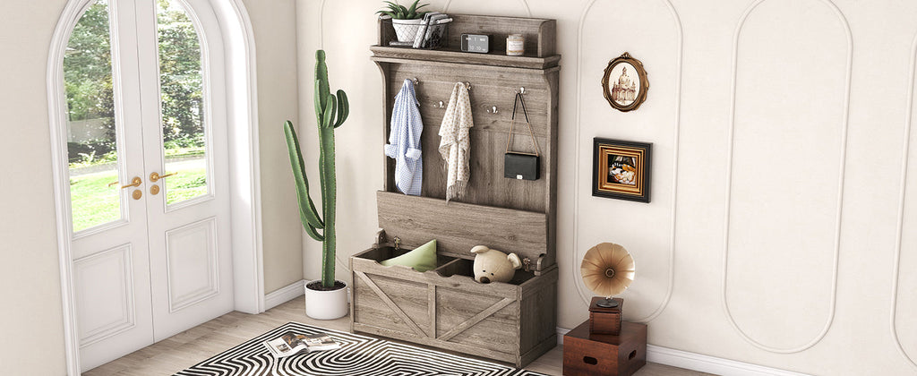 Hall tree with storage desk, entrance desk with drawers and 5 hooks, display rack,Oak