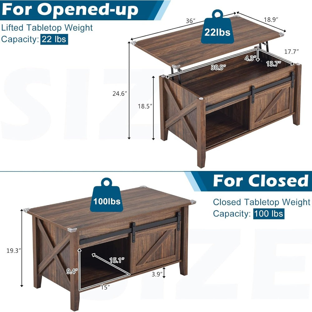 Lift Top Coffee Table 36" Farmhouse Rustic Wood Hidden Storage & Sliding Barn