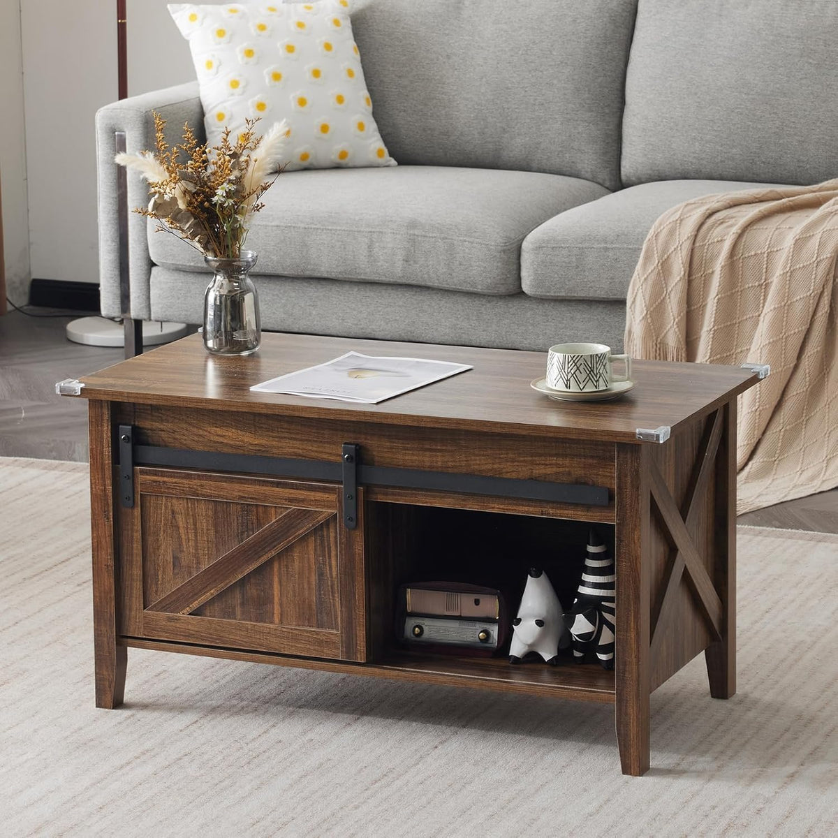 Lift Top Coffee Table 36" Farmhouse Rustic Wood Hidden Storage & Sliding Barn