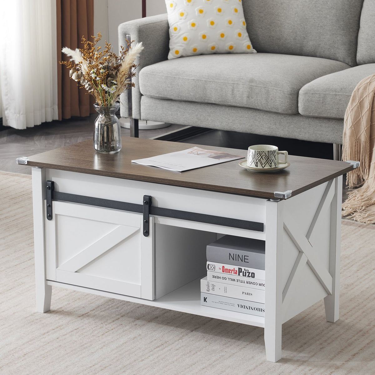 Lift Top Coffee Table 36" Farmhouse Rustic Wood Hidden Storage & Sliding Barn