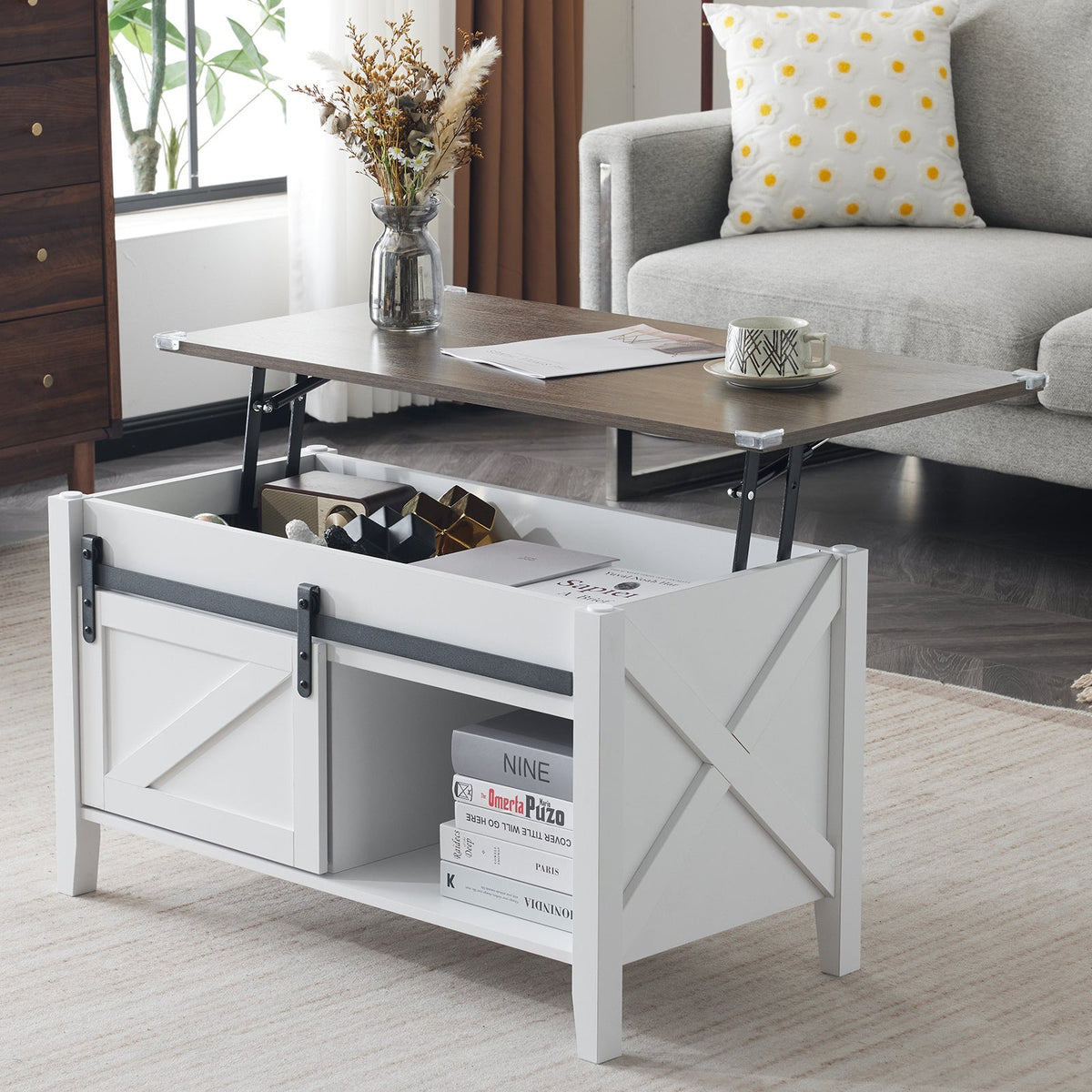 Lift Top Coffee Table 36" Farmhouse Rustic Wood Hidden Storage & Sliding Barn