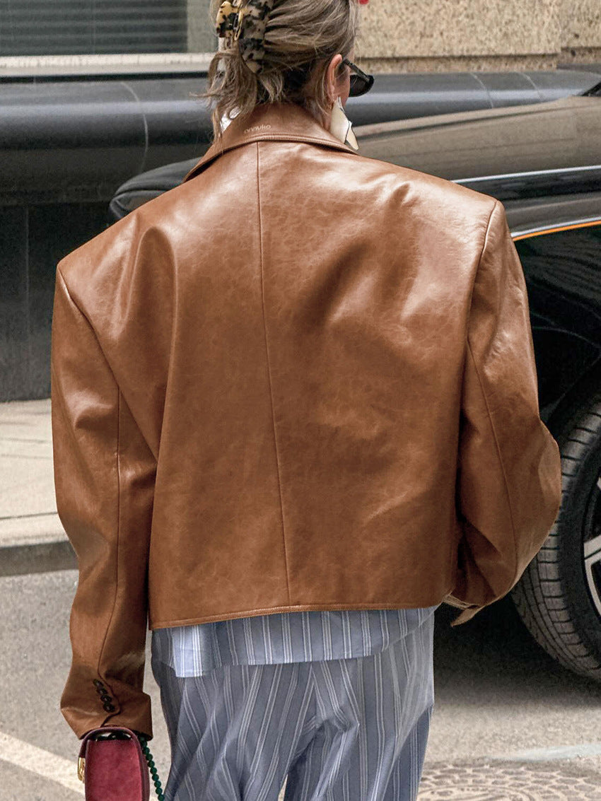 Suit Collar PU Leather Jacket Coat For Women