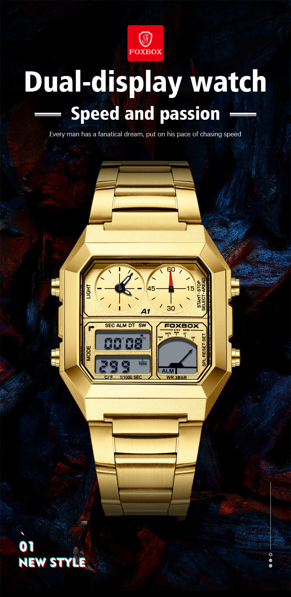 Dual Display Multifunctional Waterproof Alarm Clock Luminous Sports Chronographe Watch