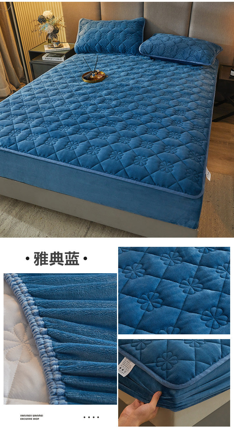 Milk Velvet Quilted Bed Sheet Single Piece Winter Thickened Coral Flannel Bed Cover Three-piece Set Mattress Protector Sheet