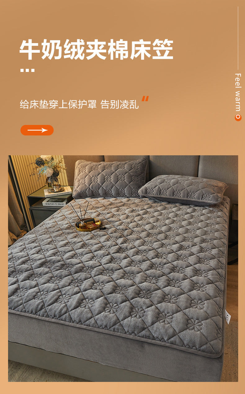 Milk Velvet Quilted Bed Sheet Single Piece Winter Thickened Coral Flannel Bed Cover Three-piece Set Mattress Protector Sheet