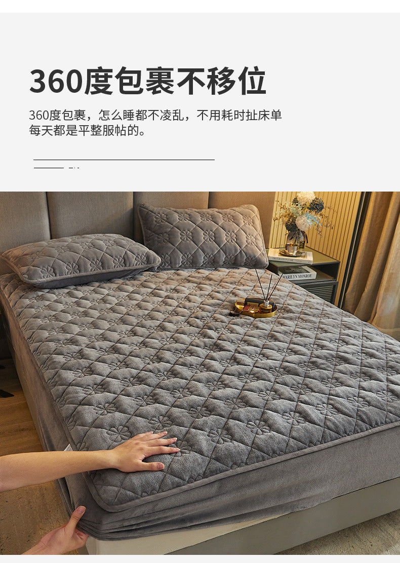 Milk Velvet Quilted Bed Sheet Single Piece Winter Thickened Coral Flannel Bed Cover Three-piece Set Mattress Protector Sheet