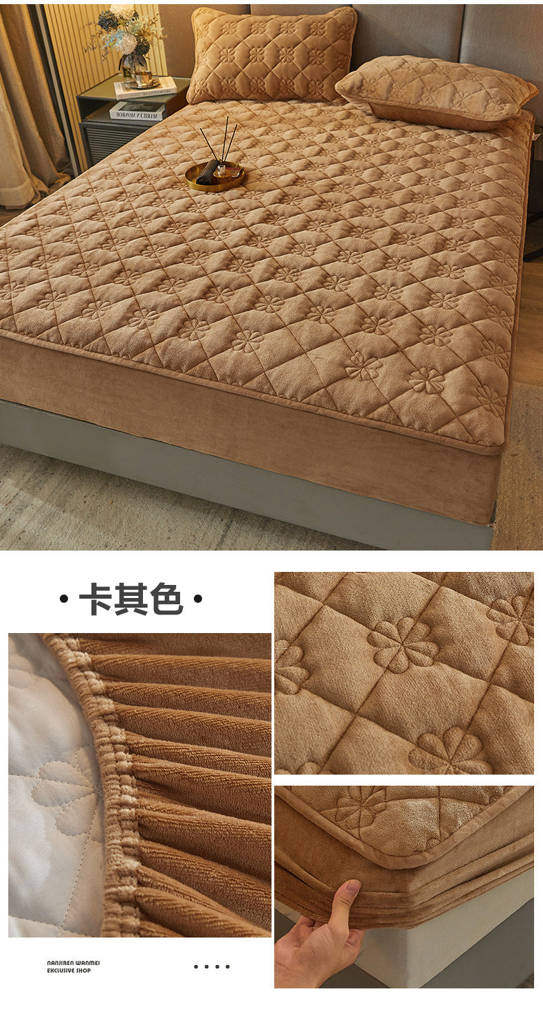 Milk Velvet Quilted Bed Sheet Single Piece Winter Thickened Coral Flannel Bed Cover Three-piece Set Mattress Protector Sheet